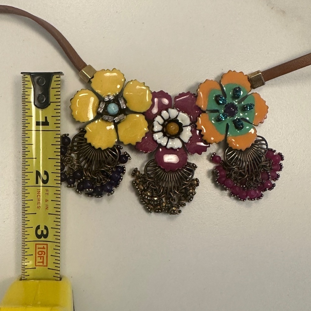 TOVA - Vibrant Boho Floral Enamel Brass Necklace on Brown Leather Cord - 18 in. - Picture 14 of 14